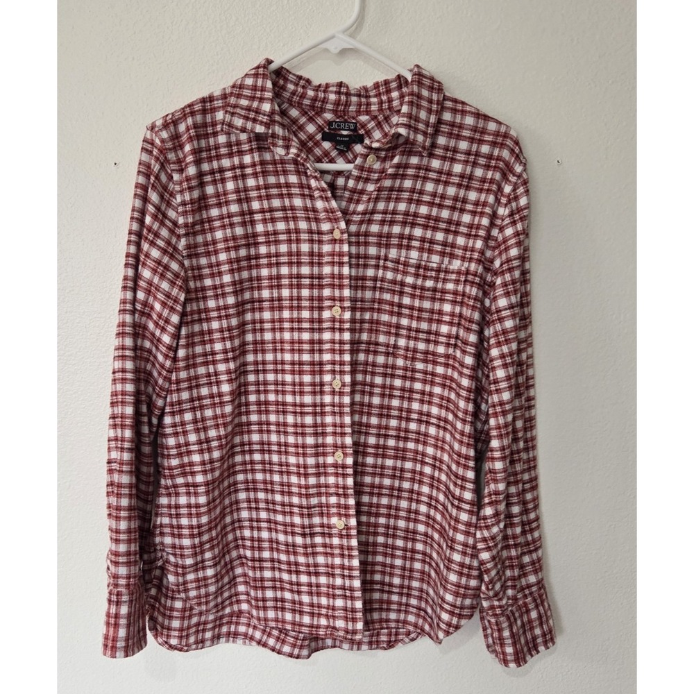J Crew Womens Flannel Shirt 10 Red White Tartan Cotton Classic Fit BV870